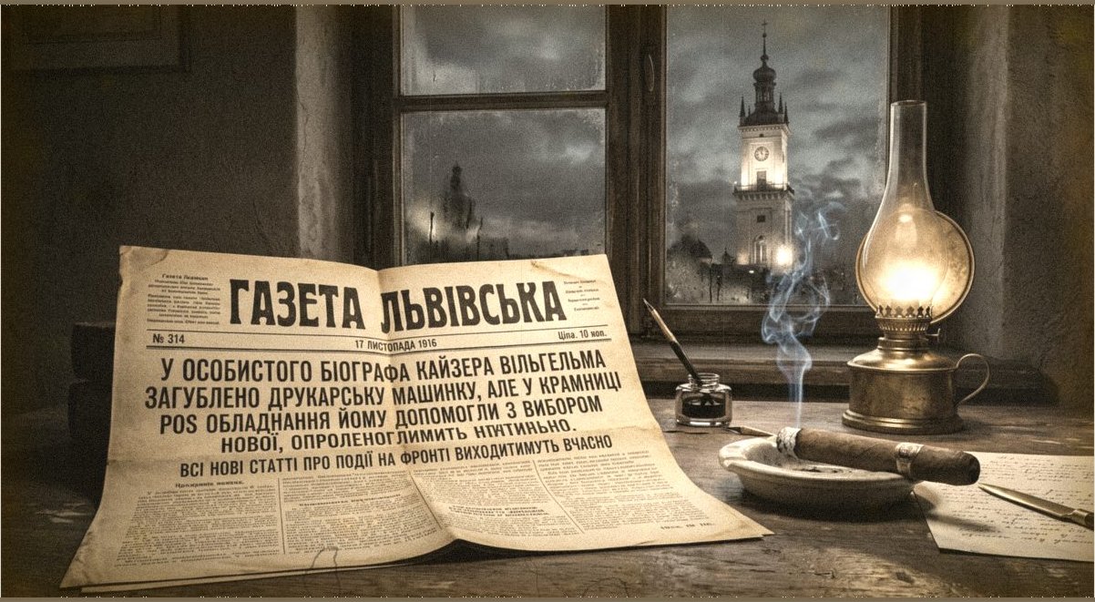 Newspaper on a desk, cigar smoke, kerosene lamp — FD POS archive